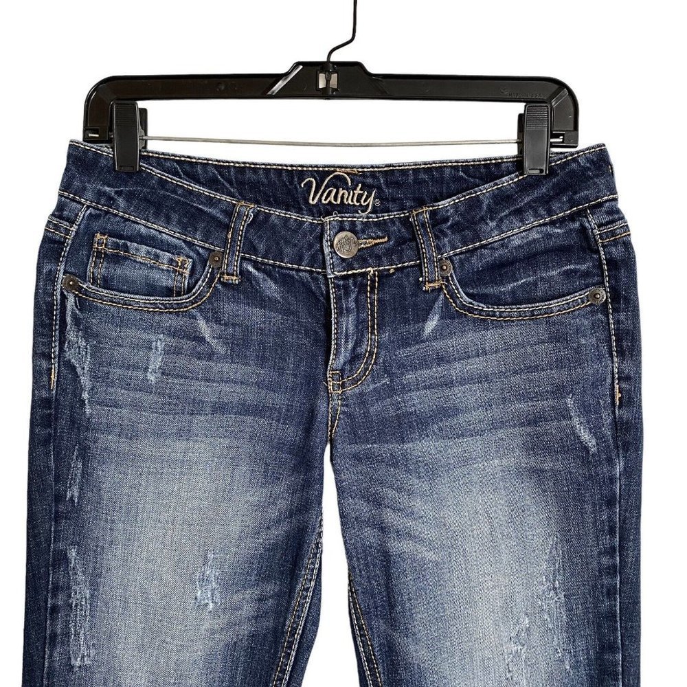 Vanity Dakota Capri Skimmers Denim Jeans Womens Size 28 Distressed Darker Blue - Picture 2 of 8